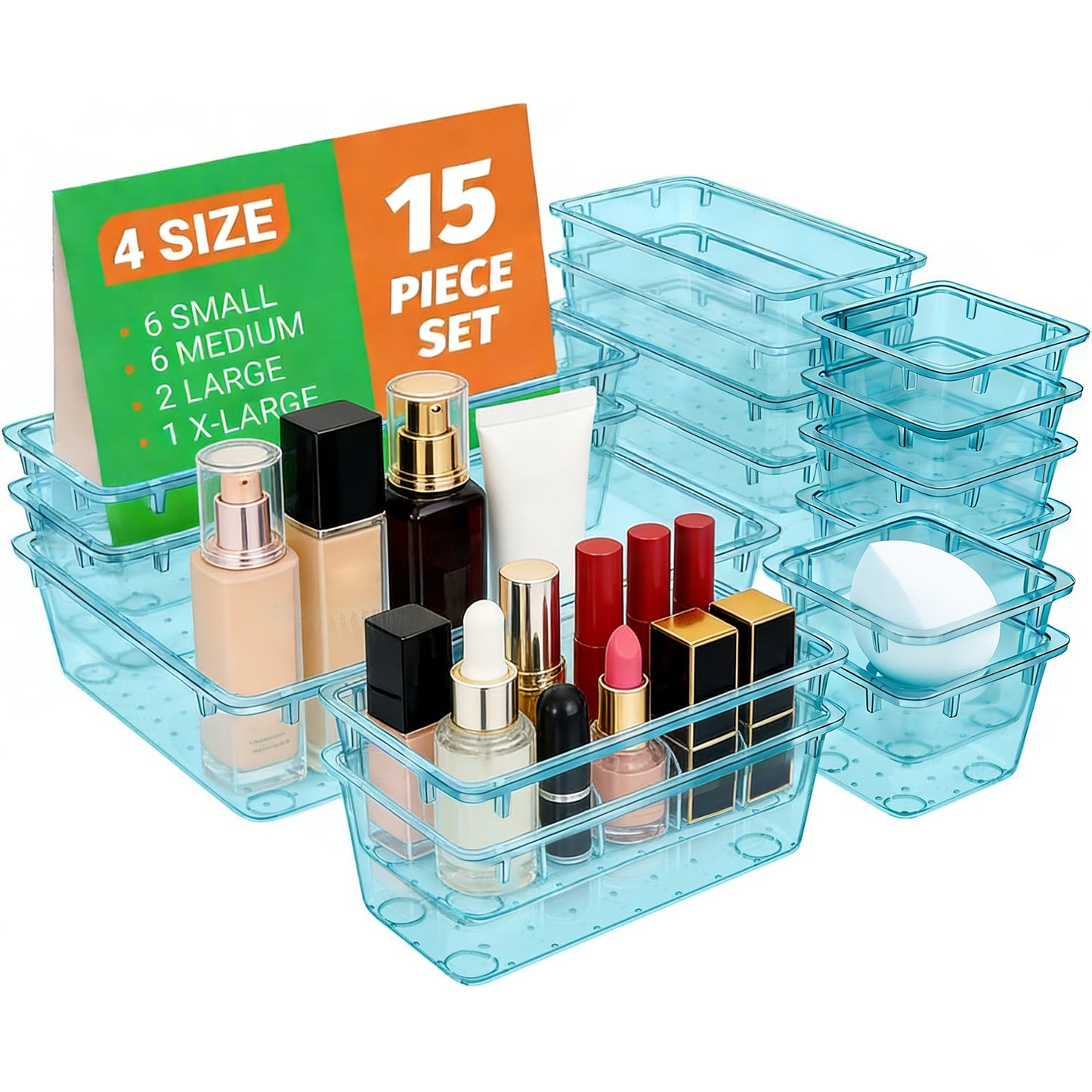 StowNCozy 15-Piece Clear Drawer Organizer Set — 4 Sizes, Stackable