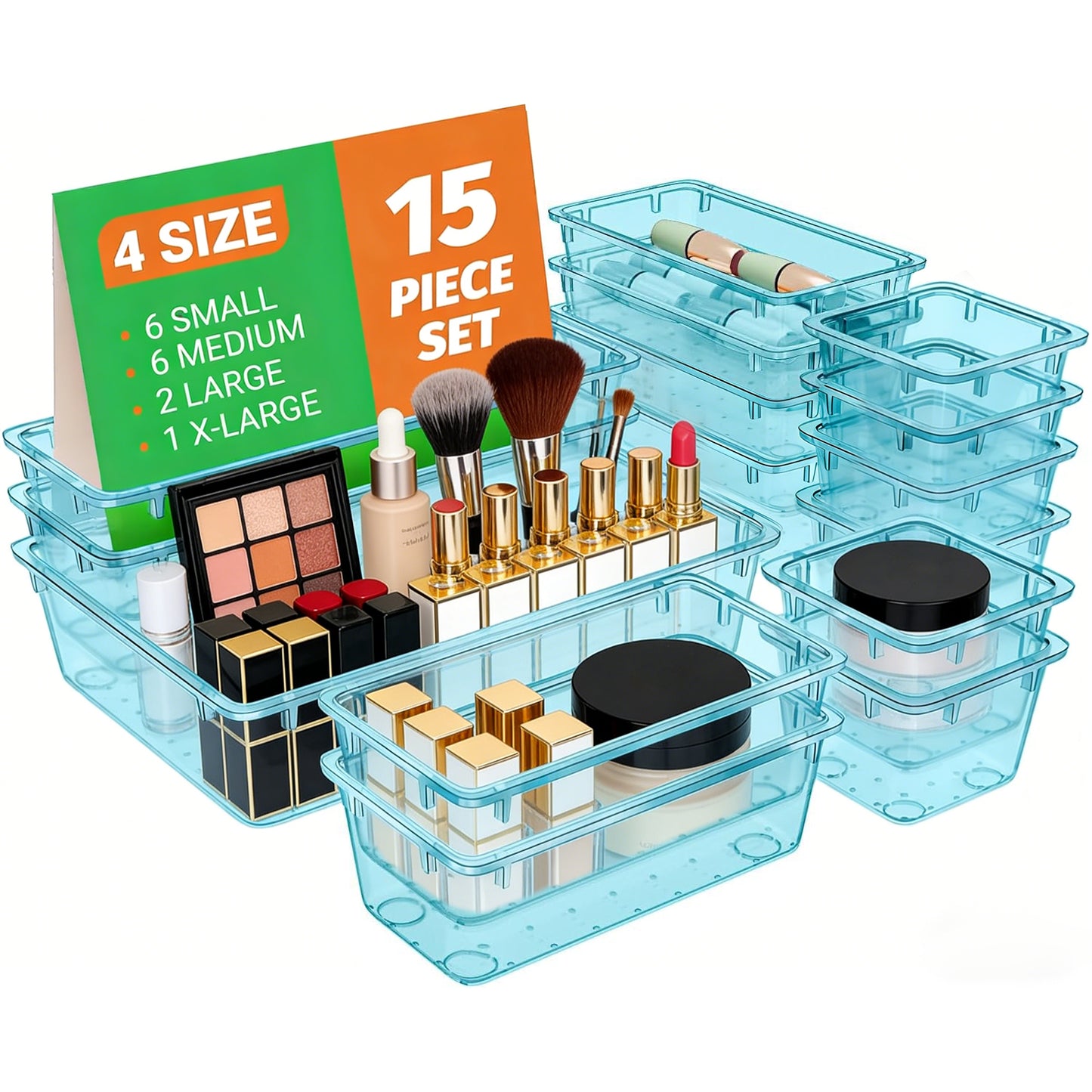 StowNCozy 15-Piece Clear Drawer Organizer Set — 4 Sizes, Stackable