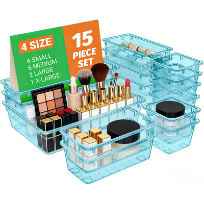 StowNCozy 15-Piece Clear Drawer Organizer Set — 4 Sizes, Stackable