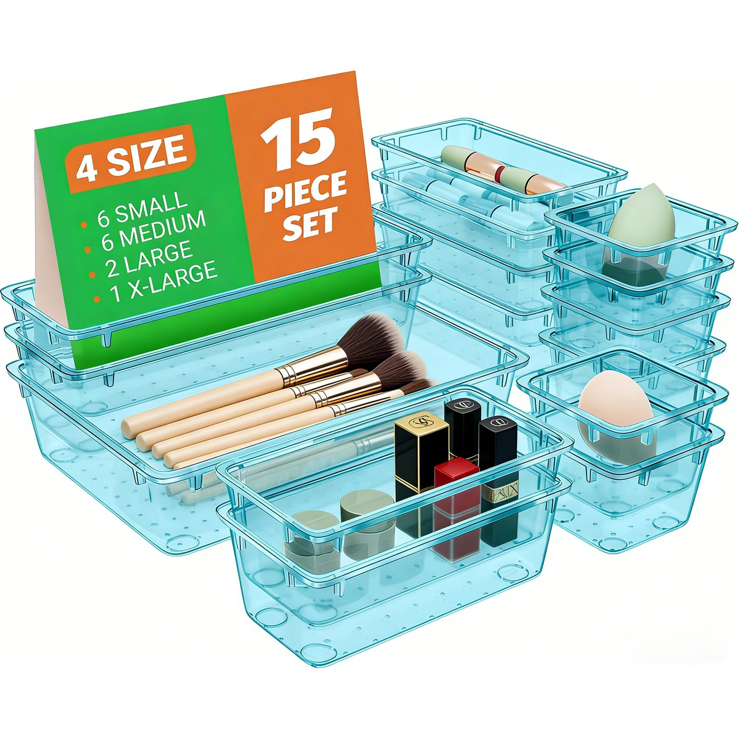 StowNCozy 15-Piece Clear Drawer Organizer Set — 4 Sizes, Stackable